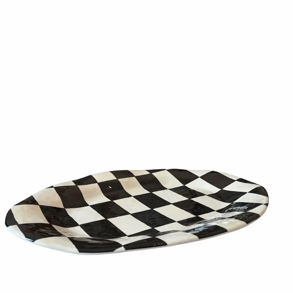 Black & White Checkered Melamine Large Serving Platter 13X18 Oval NEW